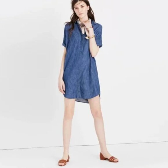 madewell courier denim dress Madewell Button Down Cotton Linen Chambray Blue Jean Denim Courier Shirtdress XS